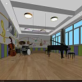 Kindergarten Music Classroom with Piano Drum Set Cello Colorful Music Notes Bright Windows Wooden Floor
