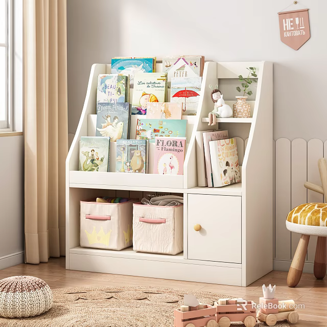 White Children's Bookcase With Layers Books Storage Baskets Drawer And Decorative Items 3d model 
