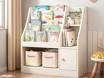 White Children's Bookcase With Layers Books Storage Baskets Drawer And Decorative Items 3d model
