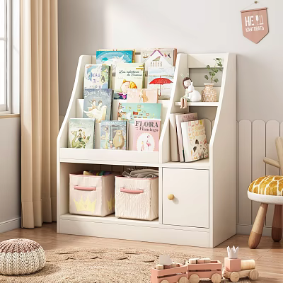 White Children's Bookcase With Layers Books Storage Baskets Drawer And Decorative Items 3d model