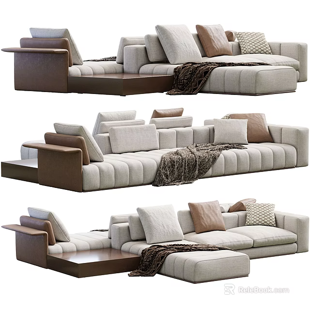 Modern Sectional Sofa with Beige Upholstery Throw Pillows Blanket and Brown Armrests 3d model 