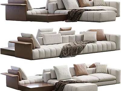 Modern Sectional Sofa with Beige Upholstery Throw Pillows Blanket and Brown Armrests 3d model