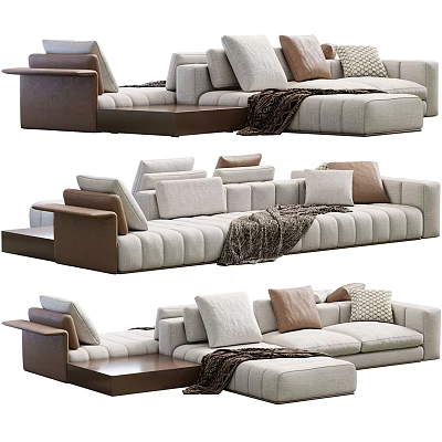 Modern Sectional Sofa with Beige Upholstery Throw Pillows Blanket and Brown Armrests 3d model