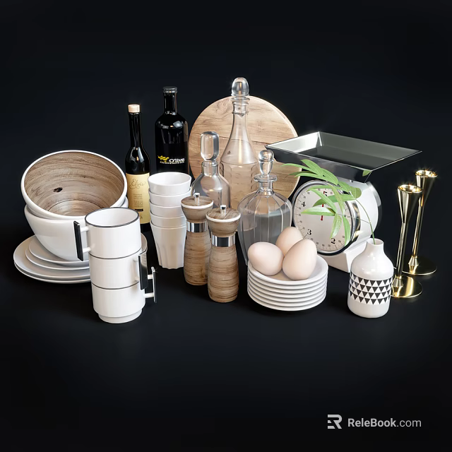 Modern Tableware Set with Wooden Bowls White Mugs Plates Glass Bottles and Spice Grinders 3d model 