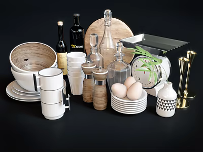Modern Tableware Set with Wooden Bowls White Mugs Plates Glass Bottles and Spice Grinders 3d model