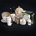 Modern Tableware Set with Wooden Bowls White Mugs Plates Glass Bottles and Spice Grinders