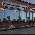 Modern Elegant Cafe Interior Design With Glass Skylight Decorative Wall And Chandeliers