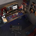Gaming Setup With Multiple Monitors Gaming Chair And Wall Posters 3d model