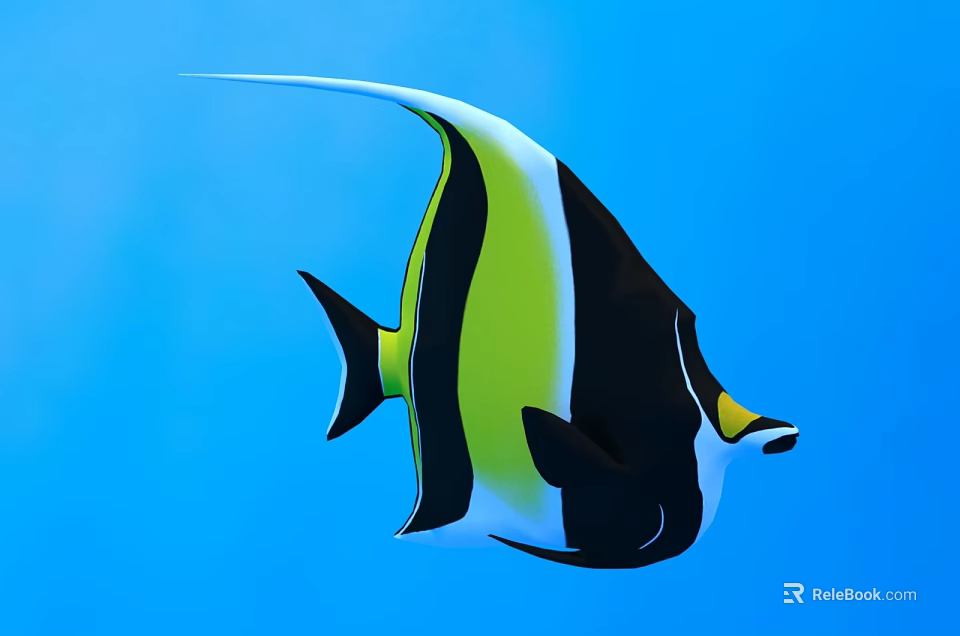 Vibrant Tropical Fish With Black Green White Stripes And Long Tail In Blue Underwater Background 3d model 