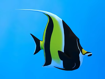 Vibrant Tropical Fish With Black Green White Stripes And Long Tail In Blue Underwater Background 3d model