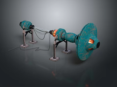 Teal Colored Engine Structure With Metal Stands Connected Cables And Orange Accents 3d model
