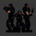 Group of armed figures in black tactical gear with red goggles holding rifles