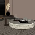 Round Stone Coffee Table With Wooden Side Table Vase Books And Glass In Living Room