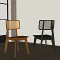 Modern Minimalist Wooden And Black Dining Chairs With Woven Backrest In Interior Space