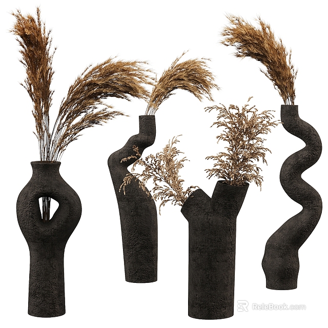 Black Ceramic Vases With Unique Curved Shapes Holding Dried Pampas Grass Decorative Pieces 3d model 