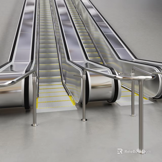Modern Commercial Escalator Design With Stainless Steel Handrails And Yellow Step Edges 3d model 
