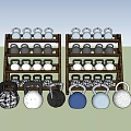 Fitness Kettlebells in Various Colors Displayed on Wooden Racks with Plaid and Textured Designs