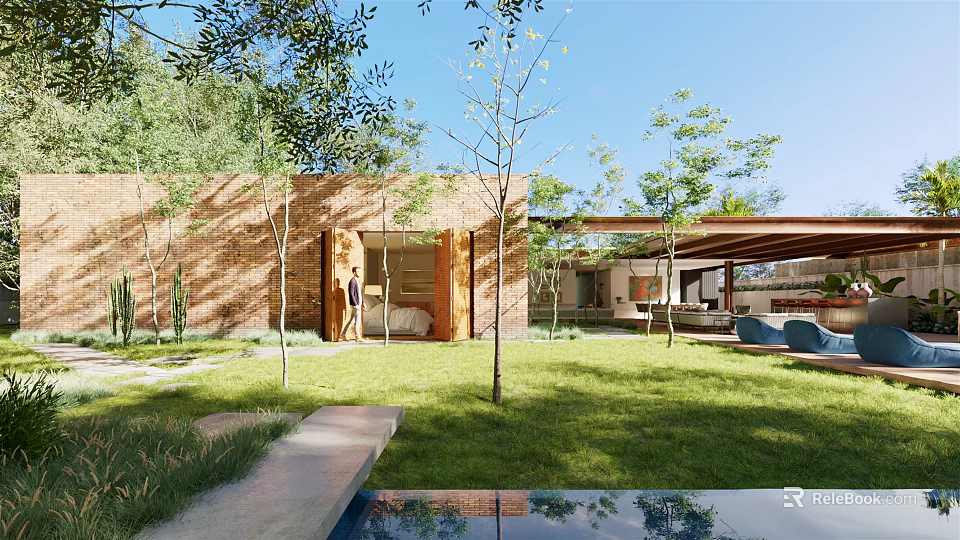 Courtyard Garden With Brick Building Open Door Lawn Small Trees Pergola Blue Sofa And Pool 3d model 