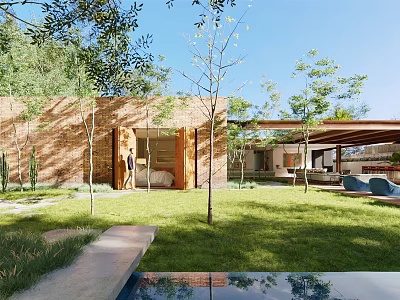 Courtyard Garden With Brick Building Open Door Lawn Small Trees Pergola Blue Sofa And Pool 3d model