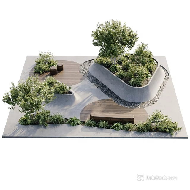 Wooden Outdoor Bench In Modern Roof Garden With Curved Concrete Beds And Greenery 3d model 