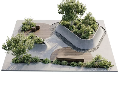 Wooden Outdoor Bench In Modern Roof Garden With Curved Concrete Beds And Greenery 3d model