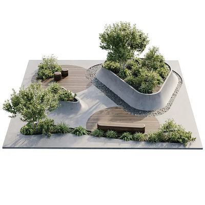 Wooden Outdoor Bench In Modern Roof Garden With Curved Concrete Beds And Greenery 3d model