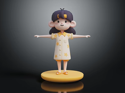 Cute Little Girl Standing on Yellow Base Wearing White Dress With Yellow Stars 3d model