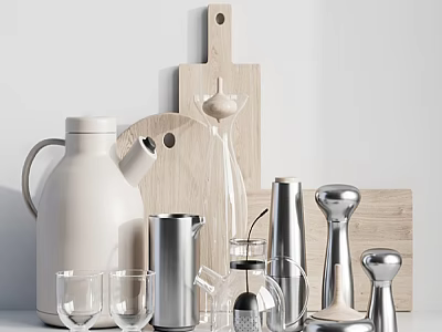 Modern Kitchen Utensils With Stainless Steel Containers Wooden Cutting Boards Glass Cups And White Jug 3d model