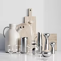 Modern Kitchen Utensils With Stainless Steel Containers Wooden Cutting Boards Glass Cups And White Jug