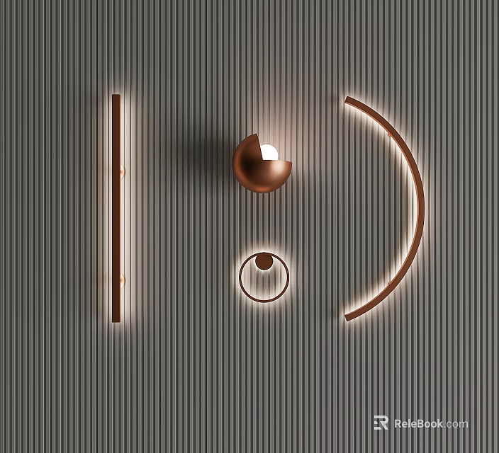 Copper Illuminated Wall Lamps With Spherical Linear Curved Design On Gray Striped Wall 3d model 