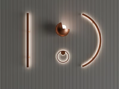 Copper Illuminated Wall Lamps With Spherical Linear Curved Design On Gray Striped Wall 3d model
