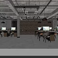 Modern Industrial Office Interior With Brick Wall Pendant Lights Desks Computers And Chairs