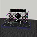 Illuminated Stage With Diamond Shaped Screen Drum Set Guitar Microphones And Speakers