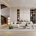 Modern Living Room Interior Design With White Sofa Coffee Table Bookshelves And Pendant Lights