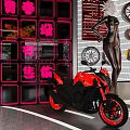 Harley Davidson Bar Interior With Motorcycle On Circular Platform Pool Table And Merchandise Shelves