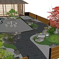 Japanese Garden Courtyard With Wooden Pavilion Red Maple Cherry Blossom Trees Stone Path Water Feature