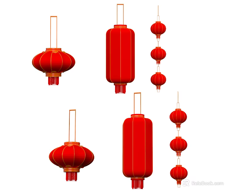 Multiple Traditional Red Chinese Lanterns Hanging In Round And Rectangular Shapes 3d model 