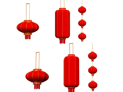 Multiple Traditional Red Chinese Lanterns Hanging In Round And Rectangular Shapes 3d model