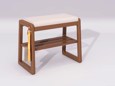 Wooden Shoe Bench With White Padded Seat And Hanging Shoe Brush For Entryway 3d model