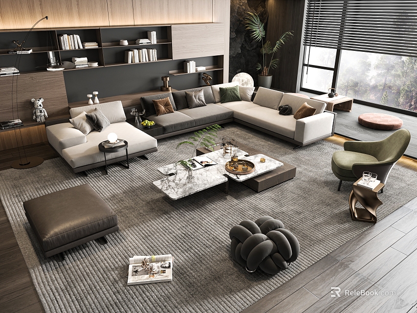 Modern Sofa Coffee Table Combination With L-Shaped Design Throw Pillows And Area Rug 3d model 