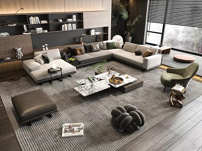 Modern Sofa Coffee Table Combination With L-Shaped Design Throw Pillows And Area Rug 3d model