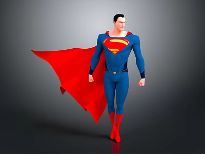 Superhero Character In Blue Suit With Red Cape And S Symbol Standing 3d model