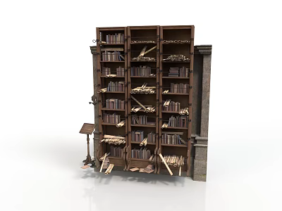 Wooden Bookshelf With Multiple Shelves And Scattered Books Near Small Table 3d model
