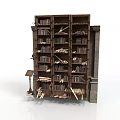Wooden Bookshelf With Multiple Shelves And Scattered Books Near Small Table