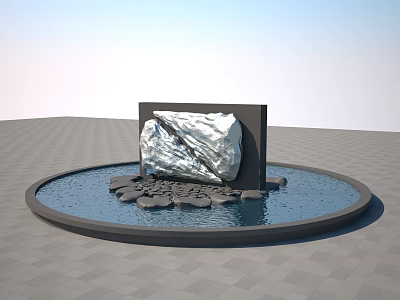 Stylish Feature Wall Design With Metallic Panel Circular Water Pool And Stone Decorations 3d model