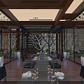 Elegant Modern Restaurant Interior With Neat Dining Table Settings And Decorative Tree Wall Art 3d model