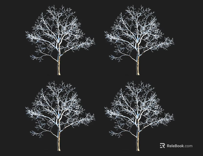 Four Leafless Arbor Trees With White Branches On Black Background 3d model 