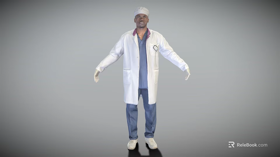 Male Doctor Wearing White Coat Blue Scrubs Stethoscope and Medical Cap 3d model 