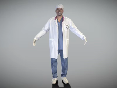 Male Doctor Wearing White Coat Blue Scrubs Stethoscope and Medical Cap 3d model
