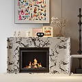 Marble Fireplace With Burning Fire Framed Art And Vase On Mantel 3d model